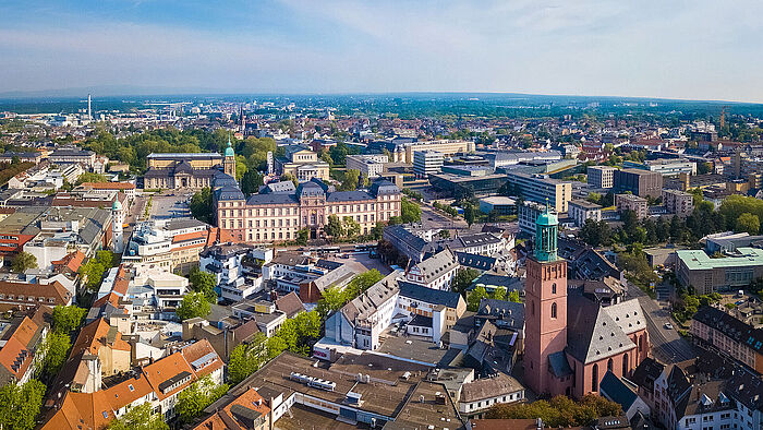 Stadtansicht von Darmstadt als Standort der psychosomatischen Klinik.